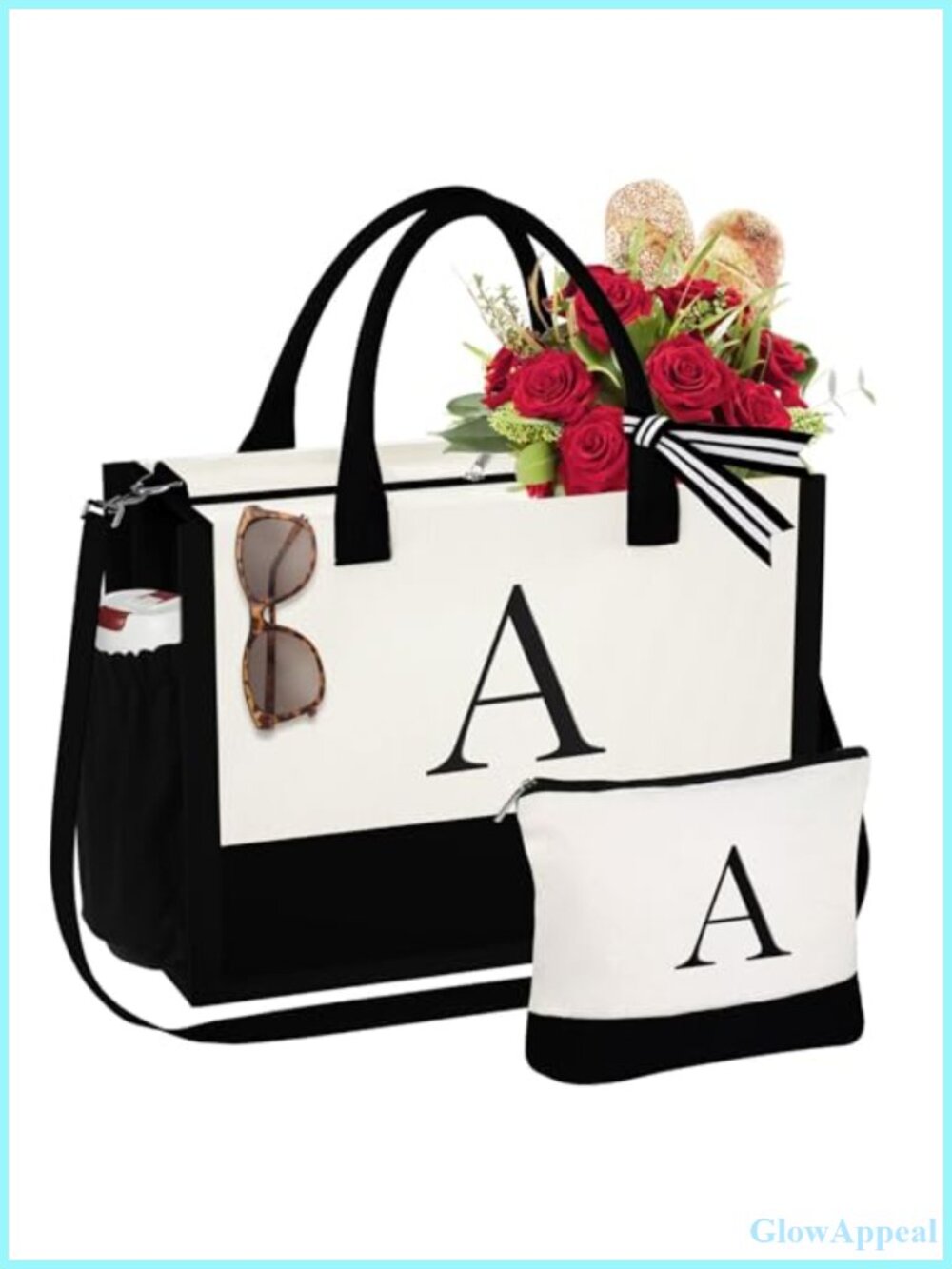 Personalized Initial Canvas Tote Bag with Zipper Crossbody Detachable Strap